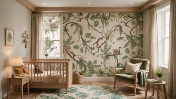 Murales con motivo de monos y plantas en tonos beige y verdes.