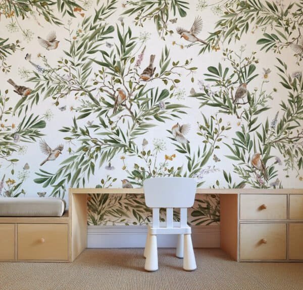 Papel tapiz con patrón de petirrojos y flores en habitación infantil - Alchemyst