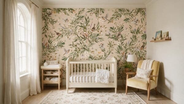 Murales con motivo de aves y plantas en tonos beige y verdes en habitación infantil.