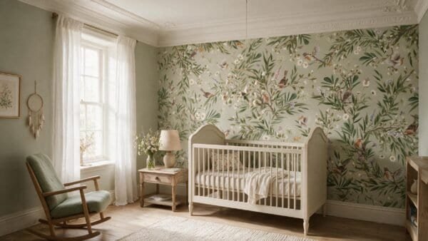 Murales con motivo de ramas y hojas en tonos verdes y beige en habitación infantil.