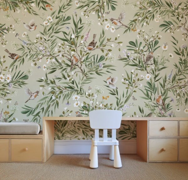 Papel tapiz con patrón de petirrojos y flores en tono verde en habitación infantil - Alchemyst