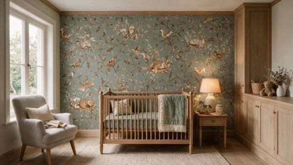 Murales con motivo de bosque y animales en tonos verdes y beige.