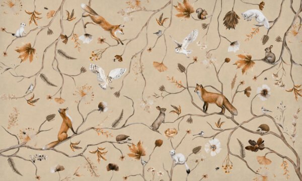 Papel tapiz con patrón de animales de bosque en tono beige - Alchemyst