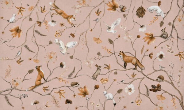 Papel tapiz con patrón de animales de bosque en tono rosa - Alchemyst