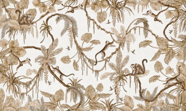 Papel tapiz con patrón de monos estilo vintage en tono blanco - Alchemyst