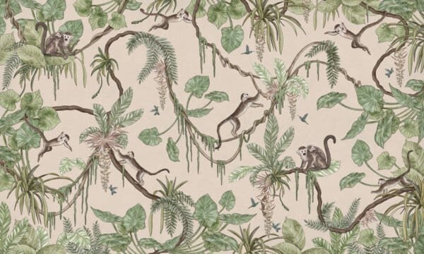 Papel tapiz con patrón de monos en tono beige - Alchemyst
