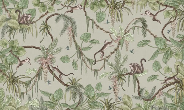 Papel tapiz con patrón de monos en tono verde - Alchemyst