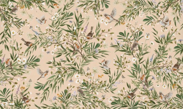 Papel tapiz con patrón de petirrojos y flores en tono beige - Alchemyst