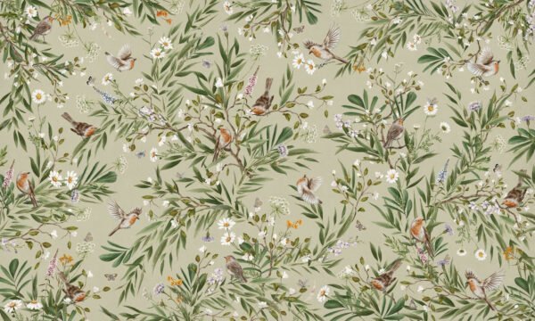 Papel tapiz con patrón de petirrojos y flores en tono verde - Alchemyst