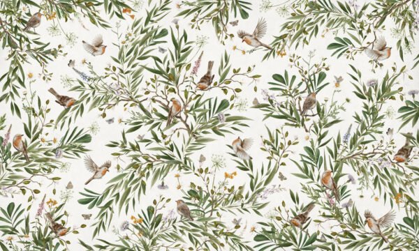 Papel tapiz con patrón de petirrojos y flores en tono blanco - Alchemyst