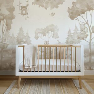 Mural ilustrado de bosque en tonos grises en habitación infantil - Alchemyst