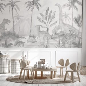 Mural ilustrado de dinosaurios en tono gris en habitación infantil - Alchemyst