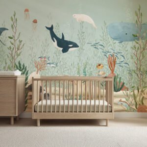 Mural ilustrado de fondo marino con algas y peces en tonos verdes y azules en habitación infantil - Alchemyst