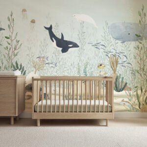 Mural ilustrado de fondo marino con algas y peces en tonos verdes y azules en habitación infantil - Alchemyst