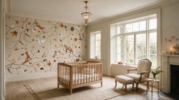Murales con motivos de aves y ramas en tonos beige y marrón.