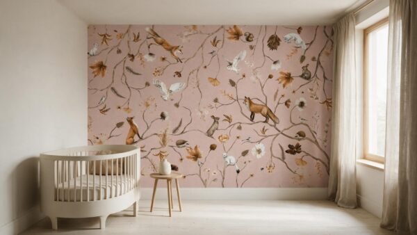 Mural ilustrado infantil de zorros y animales del bosque entre ramas en tonos rosa en cuarto de bebé - Alchemyst
