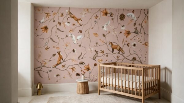 Mural ilustrado infantil de zorros y animales del bosque entre ramas en tonos rosa en cuarto de bebé - Alchemyst