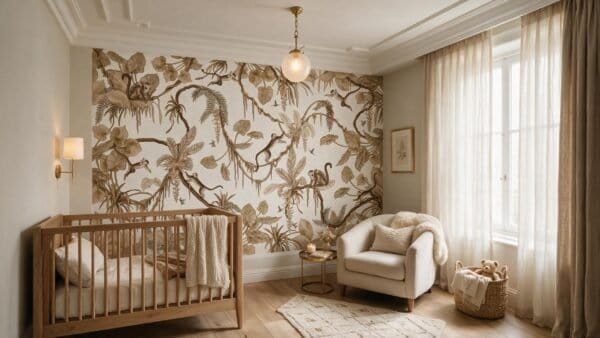 Murales con motivo de flamencos y plantas en tonos beige y marrón en habitación elegante.