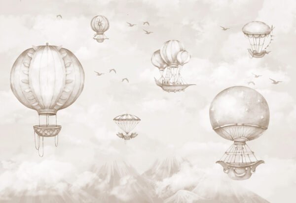 Mural ilustrado de globos aerostáticos en tonos beige - Alchemyst