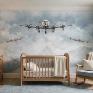 Mural ilustrado infantil de aviones vintage entre nubes en tonos celestes en cuarto de bebé - Alchemyst