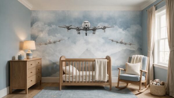 Mural ilustrado infantil de aviones vintage entre nubes en tonos celestes en cuarto de bebé - Alchemyst