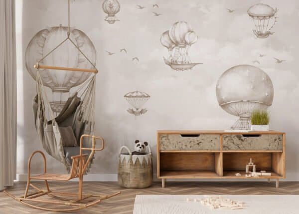Mural ilustrado de globos aerostáticos en tonos beige en habitación infantil - Alchemyst