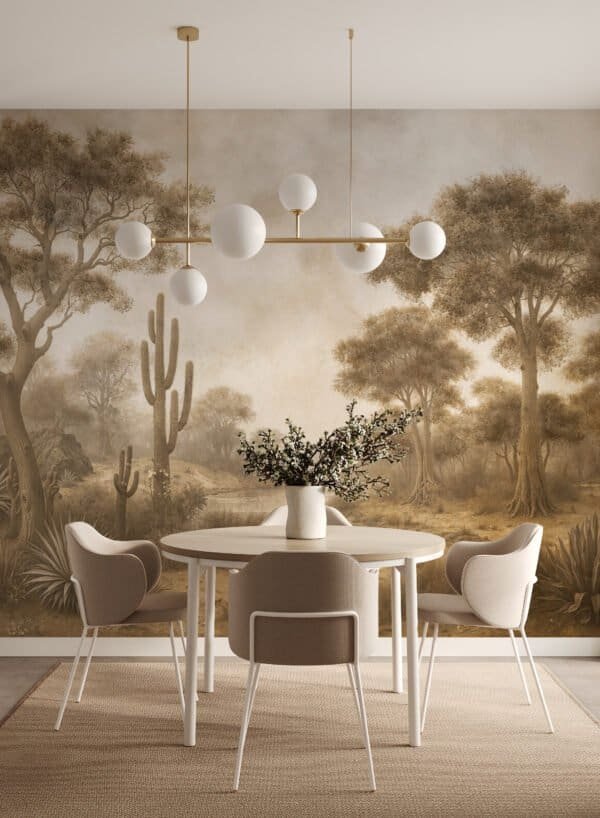 Mural ilustrado de paisaje desértico con cactus y árboles en tonos verdes y sepia en living - Alchemyst
