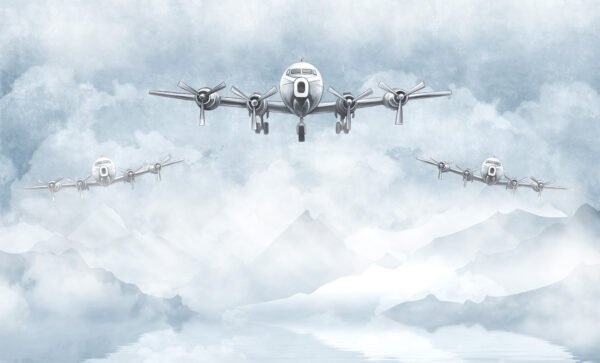 Mural ilustrado vintage de aviones en el cielo en tonos grises - Alchemyst
