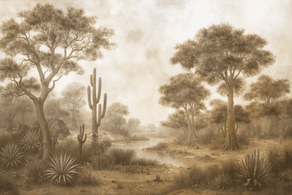 Mural ilustrado de paisaje desértico con cactus y árboles en tonos verdes y sepia - Alchemyst