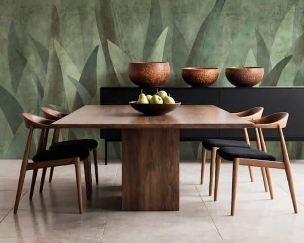 Mural ilustrado con hojas de agave en tonos verdes en comedor - Alchemyst