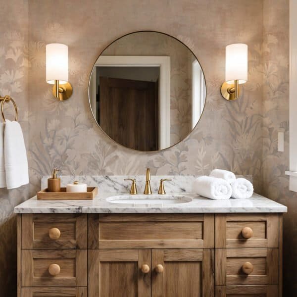 Papel tapiz con patrón floral en tonos azules y grises en baño - Alchemyst