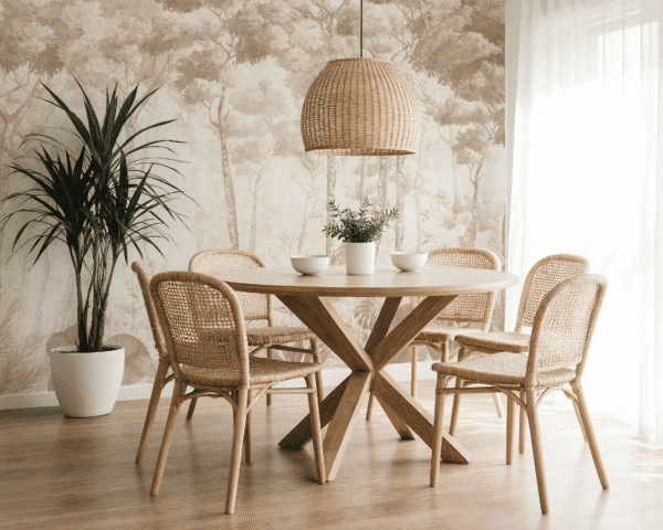 Mural ilustrado de bosque con hojas tropicales en tonos neutros en comedor - Alchemyst