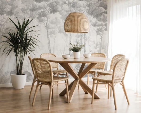Mural ilustrado de bosque con hojas tropicales en tonos neutros en comedor - Alchemyst