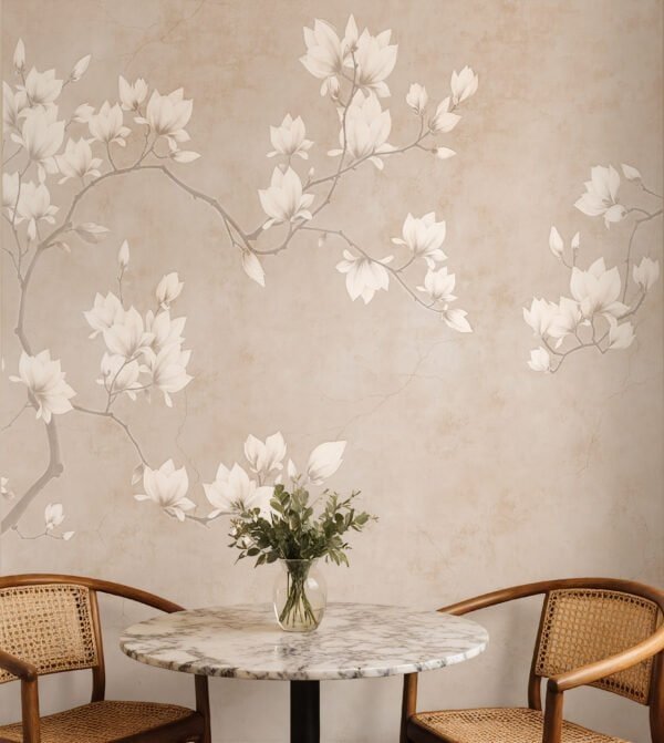 Mural ilustrado de flores de magnolia en tonos grises en comedor - Alchemyst