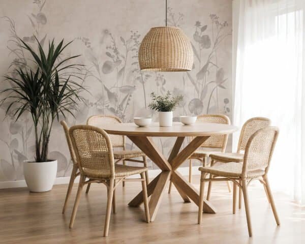 Mural ilustrado floral delicado en tonos claros en dormitorio - Alchemyst