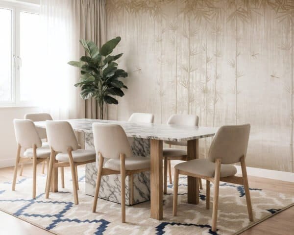 Mural ilustrado abstracto en tonos grises y beige en comedor - Alchemyst