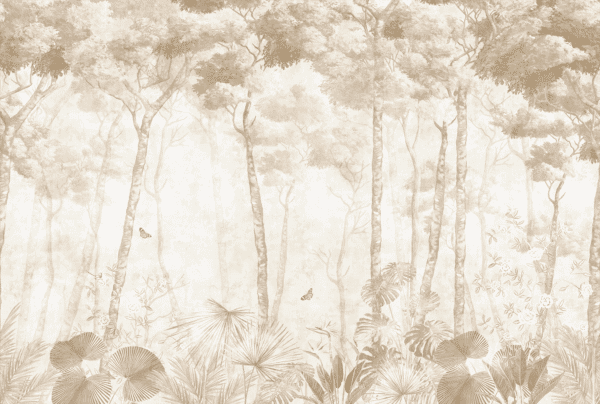 Mural ilustrado de bosque con hojas tropicales en tonos neutros - Alchemyst