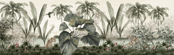 Mural ilustrado con hojas tropicales en tonos verdes - Alchemyst