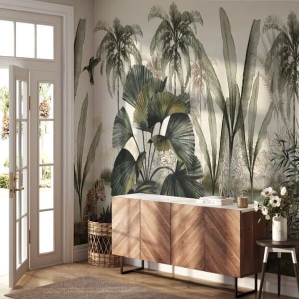 Mural ilustrado con hojas tropicales en tonos verdes en recibidor - Alchemyst