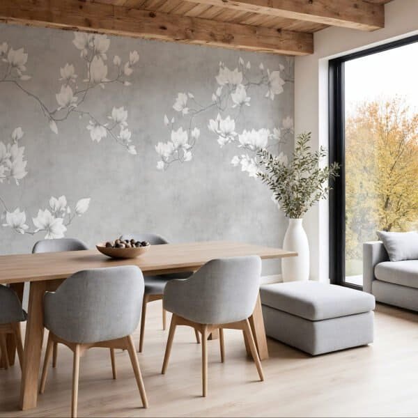 Mural ilustrado de flores de magnolia en tonos grises en comedor - Alchemyst