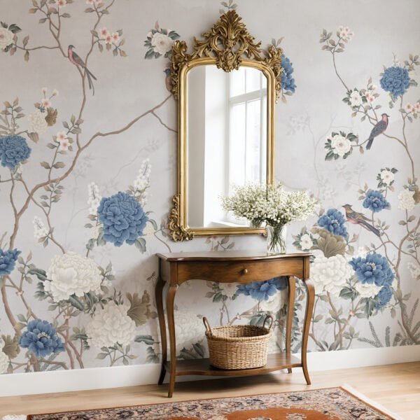Mural ilustrado floral estilo chinoiserie con aves en tonos azules en recibidor - Alchemyst