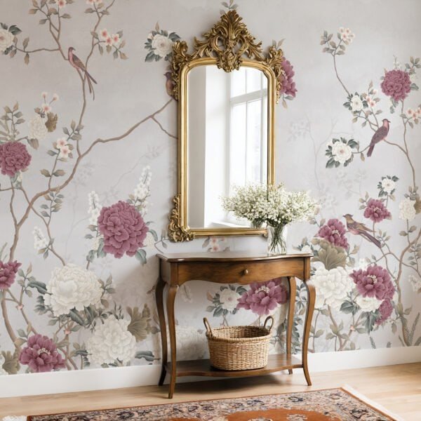 Mural ilustrado floral estilo chinoiserie con aves en tonos azules en recibidor - Alchemyst