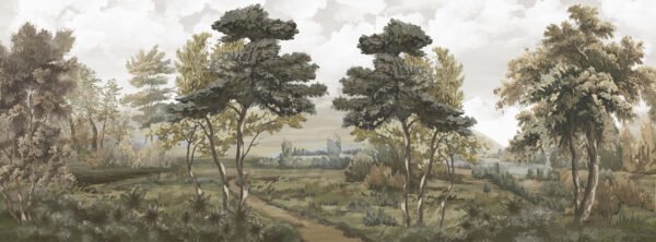 Mural ilustrado de paisaje boscoso estilo pintura clásica en tonos verdes - Alchemyst