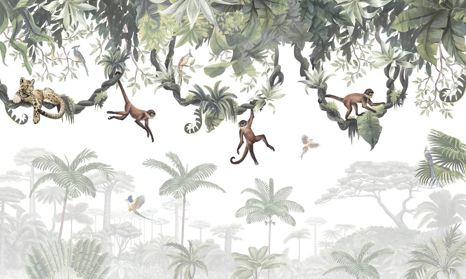 Cheeky Monkeys CAT Mural ilustrado de selva con monos en tonos verdes - Alchemyst
