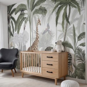 Mural ilustrado de selva con jirafas y palmeras en tonos verdes en habitación infantil - Alchemyst