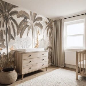 Mural ilustrado de selva con palmeras en tonos sepia en habitación infantil - Alchemyst