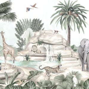Mural ilustrado de selva con cebras y jirafas en tonos verdes - Alchemyst