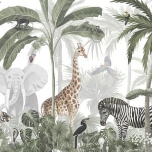 Mural ilustrado de selva con jirafas y palmeras en tonos verdes - Alchemyst