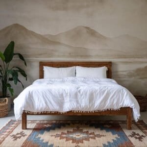 Mural ilustrado de paisaje de montañas en tonos grises en dormitorio - Alchemyst