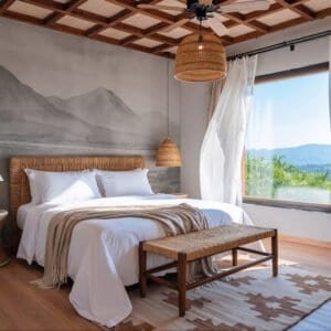 Mural ilustrado de paisaje de montañas en tonos grises en dormitorio - Alchemyst